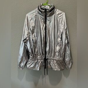 Superdry metallic lightweight jacket with hood that’s folds into collar NWOT